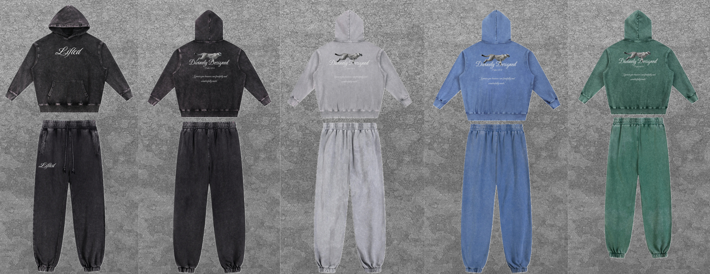 Five pairs of tracksuits in black, gray, blue, and green on a textured gray background.